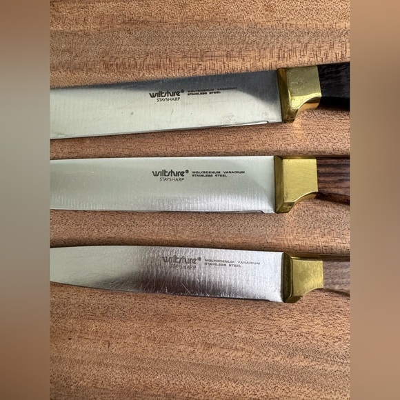 Vintage 1970’s Wiltshire Stay Sharp 3 Piece Knife Set Wood Brass Retro Kitchen - Picture 5 of 15